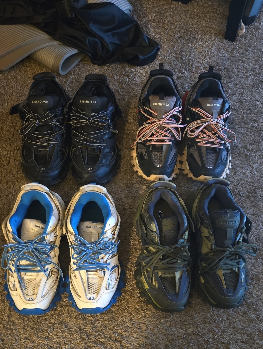 4 Balenciaga Track Sneakers — Black, Multicolor, White/Blue, Olive